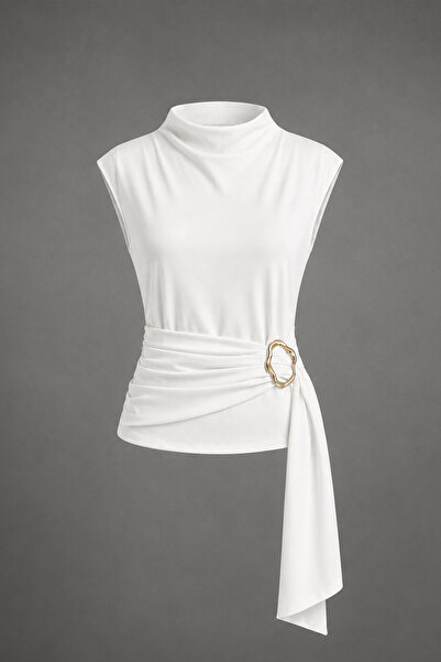 Edela Women's Stand Collar Buckle Detailed Belted Ecru Blouse