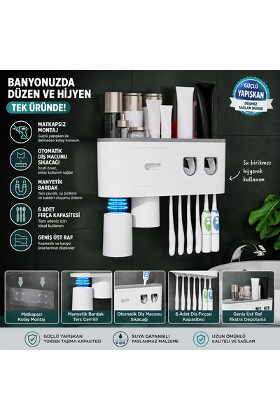 IDE Diş Fırçası Tutucu,banyo Rafı,matkapsız Duvara Monte Diş Fırçası Tutacağı,otomatik Diş Macunu
