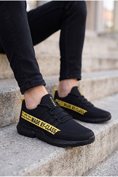 Riccon Siyah Sarı Erkek Cilt Sneaker 0012SANTO