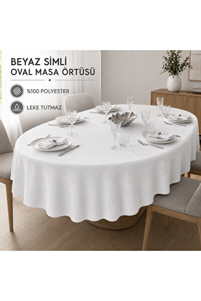 Zeren Home Simli Beyaz Oval Masa Örtüsü | El İşçiliği Işıltılı Lüks Tasarım |...