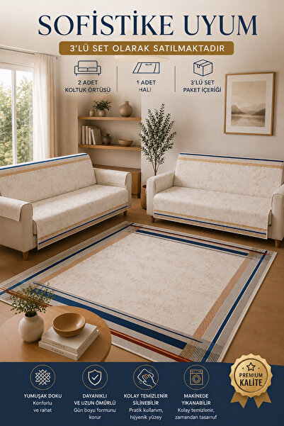 GECE HOME 3’lü Set 2 Adet 165x215 cm Koltuk Örtüsü + 1 Adet Kaymaz Taban Diji...