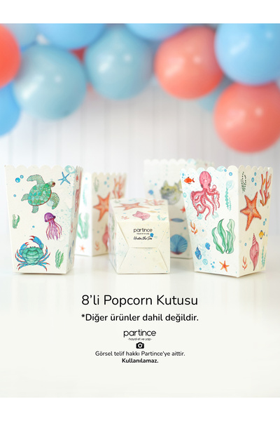 partince Deniz Canlıları Tema Konseptli 8'li Popcorn Patlamış Mısır Kutusu