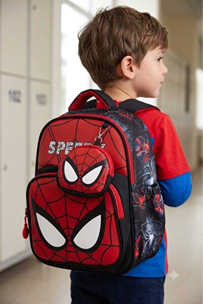 JF Jasfur Leather Printed Spider Theme Red-Black Nursery, Preschool Backpack ...