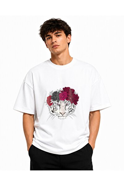 Inscriptie Tricou Unisex Bumbac Premium Casual " Tigru cu flori "