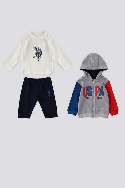 U.S. Polo Assn. يو اس بولو اسن رمادي ميلانج مزين بأكمام تفاصيل طقم أطفال مكون...
