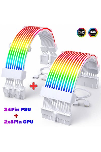 GAMETECH A-RGB Sleeved Kablo Set RGB Uzatma Kablo ( 1x24 Pin Anakart + 2x8 Pi...