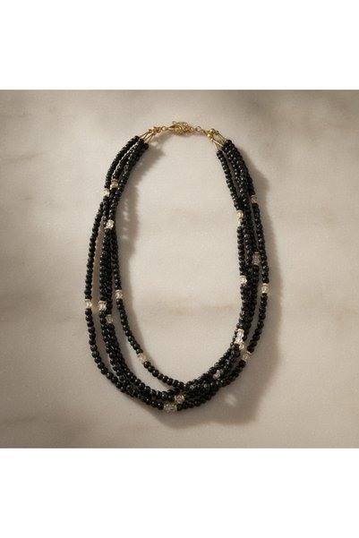 MODAYAŞAR Four Row Black Bead Necklace - Multi Row Women's Choker with Crystal Detail