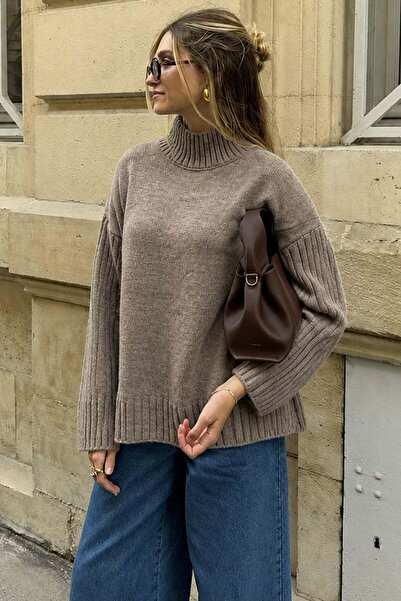 Madmext Mink Half Turtleneck Women's Sweater with Ribbed Detail Mg2156