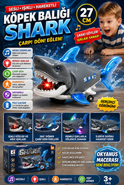 Shem Sesli Işıklı Çarp Dön Şarkı Söyleyen Köpek Balığı Shark 27Cm GRİ