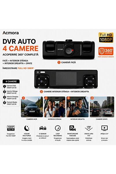 Acmora Cameră auto de bord 360 °   High PRO Full HD 1080P, 3 Camere Integrate...