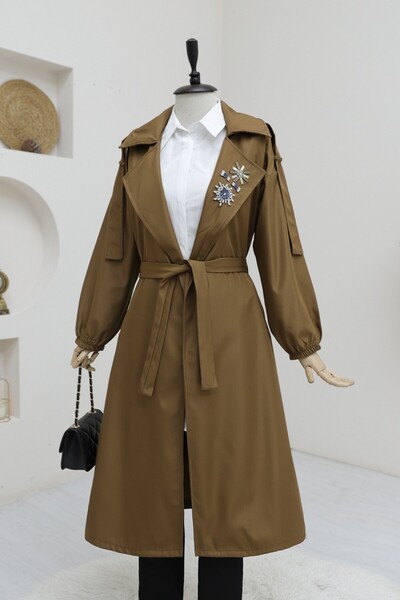 Modamorfo Stone Detailed Balloon Sleeve Trench Coat with Brooch -Tan