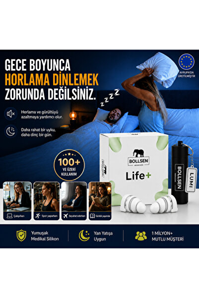 BOLLSEN Life+ Uyku Kulak Tıkaçları Silikon Gürültü Engelleyici 24 dB SNR Gürü...