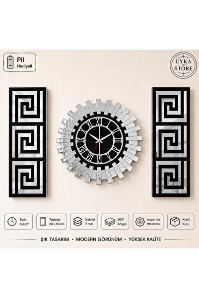 EYKA STORE Dekoratif 3 Lü Set Pleksi Gümüş Aynalı Şık Duvar Saati ve Dekoru