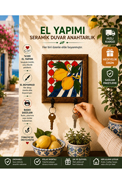 Genel Markalar Atölye May El Yapımı Seramik Duvar Anahtarlığı Limon Desenli A...