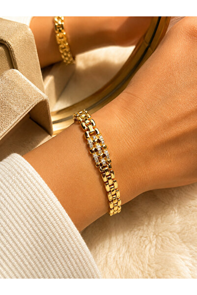 Çi & Sİ Luxury Accessory Zirkon Taşlı Gold Örgü Model Kelepçe XUPİNG Bileklik