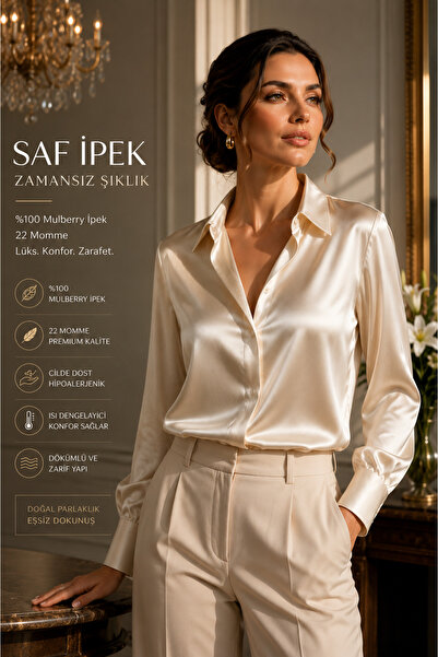 ZAVO Zavosilk 22 Momme Premium Saf İpek Gömlek Kadın Uzun Kollu Düz%100 ipek