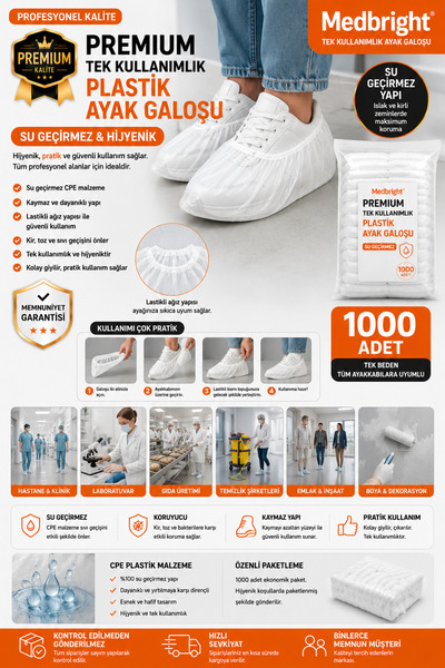 MEDBRIGHT 1000li Beyaz Galoş Tek Kullanımlık Ayakkabı Kılıf Kaymaz Yağmur Su ...
