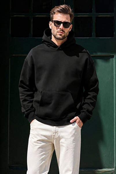Madmext Black Hooded Kangaroo Pocket Men's Sweatshirt E7169