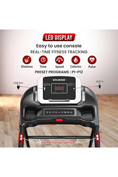 Sparnod Fitness Sth-1250 Foldable Treadmill, 3hp Peak, 12 Pre-set, Hi-fi Speaker, User Weight 100kg 1 Year Warranty