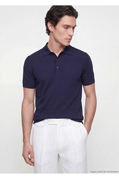 Ramsey Navy Blue Polo Collar Plain Knit Knitwear