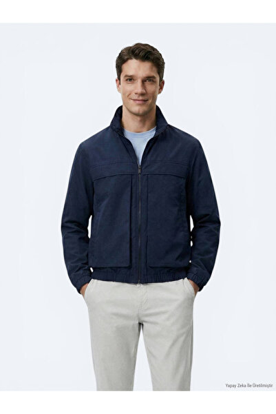 Kip Navy Blue Relaxed Fit High Collar Casual Woven Coat
