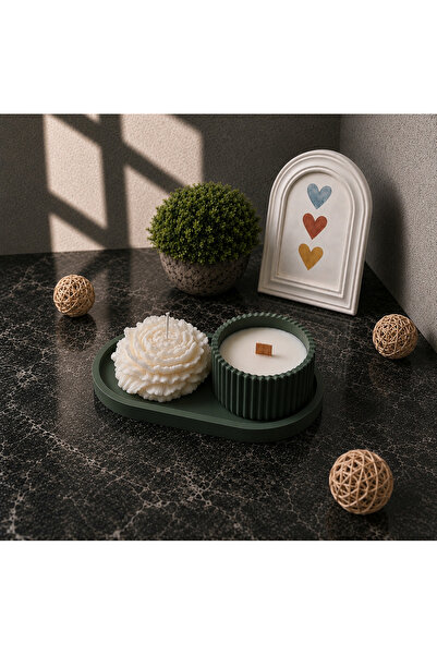 VİVA Dekoratif Mum Seti Beton Oval Tepsi Şakayık Çiçek Mum Ahşap Fitilli Kava...