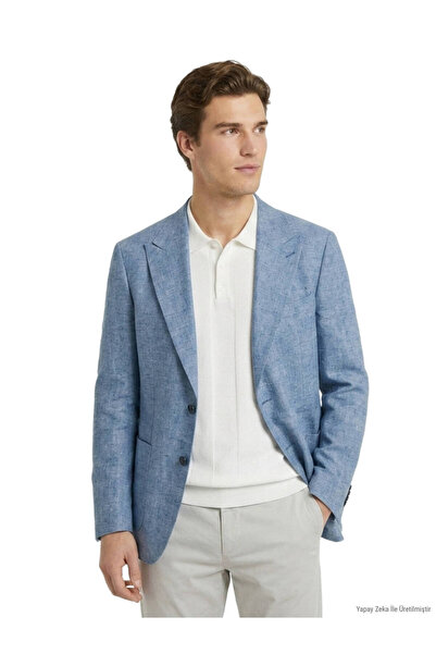 Kip Blue Patterned Modern Fit Linen Blend Jacket