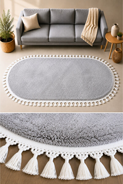 SANRUGS Home & Living Gri Renk, Akrilik Püsküllü Oval Kesim Post Peluş Yumuşa...