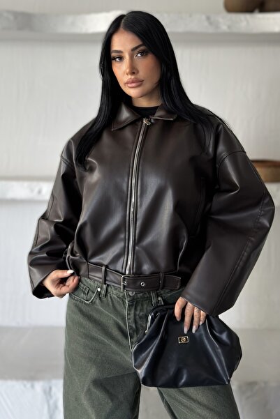 moda armanc Kadın Oversize Bomber Suni Deri Ceket | Yeni Sezon Kemerli Biker Ceket