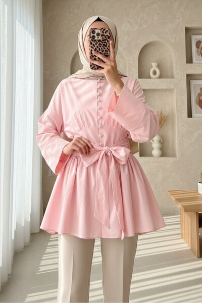 Modamorfo Beli Lace-Up Tunic with Stone Buttons - Pink
