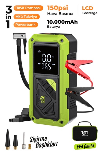 7GO 7A4 Akü Takviyeli Hava Pompası & Jump Starter 10000mAh Powerbank – Çok Fo...