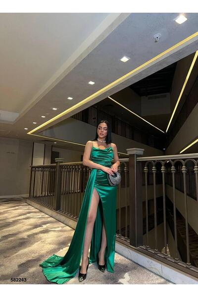 Modafeminen Slim Strap Chest Draped Satin Dress Green 582243