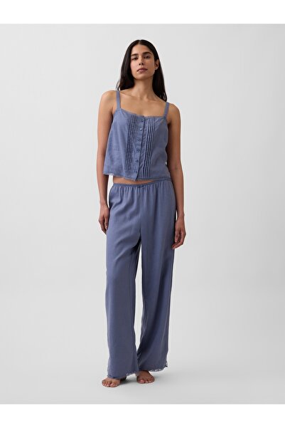 GAP Kadın Mavi Keten Karışımlı Dantel Kenar Pijama Altı