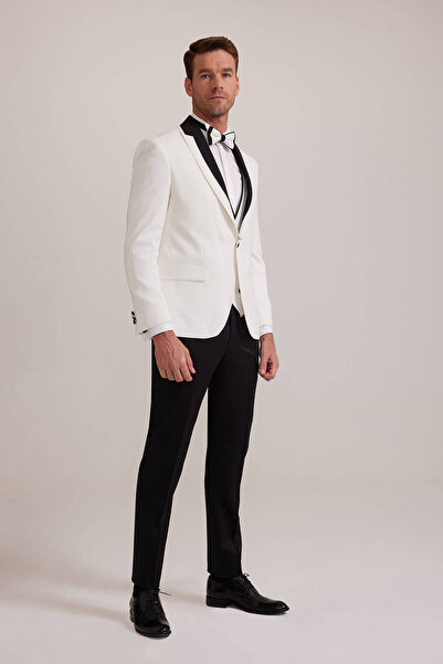 Ysf Erkek Beyaz Çıkma Şal Yaka Slim Fit Damatlık