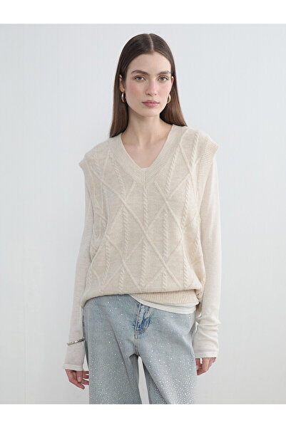 LC Waikiki Nevavm Oversized Women's Knitwear Sweater with Diamond Pattern