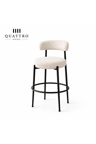 QUATTRO HOME Curvello Krem Bouclé Döşemeli Siyah Metal Bar Sandalyesi