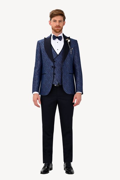 Ysf Erkek Lacivert Erkek Laci Mavi Kırlangıç Yaka Slim Fit Damatlık
