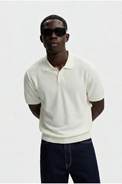 DAMGA JEANS Men's Textured 100% Cotton Cream Polo Neck t Shirt