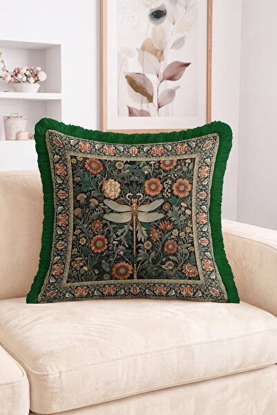 Realhomes Green Fringed Throw Pillow Cover with Dragonfly Figure and Floral a...