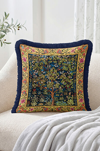 Realhomes Navy Blue Fringed Throw Pillow Cover with Blooming Tree and Botanic...