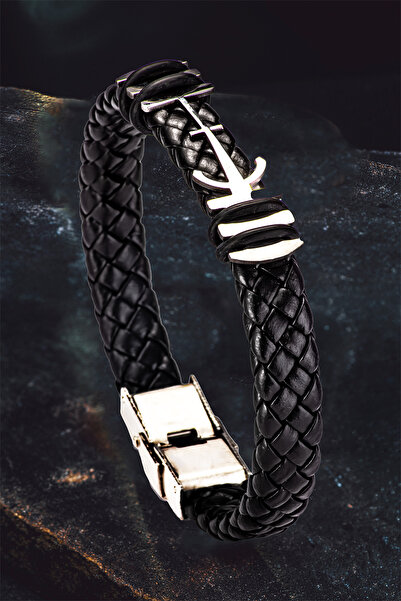 OSMANLI GÜMÜŞ Men's Steel Bracelet - Leather Braided Anchor Model Steel Bracelet