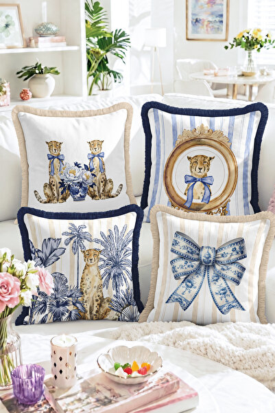 Realhomes Blue Bow, Leopard Pattern, Striped Vintage 4-Piece Fringed Throw Pi...