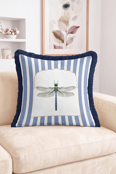 Realhomes Blue and White Striped Fringed Throw Pillow Cover with Dragonfly an...