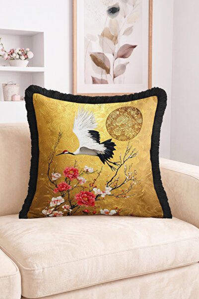 Realhomes Gold Fringed Throw Pillow Cover with Crane Bird, Flower Branches an...