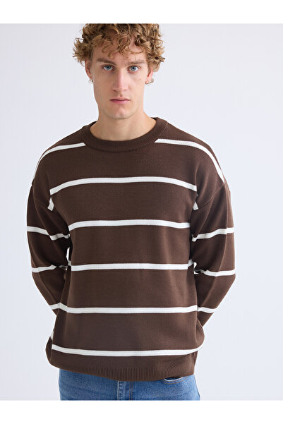 LC Waikiki Nevavm Farkıyla Xside Brown Knitwear Striped Oval Collar Men's Swe...
