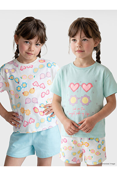 LC Waikiki Trendlucky Girl's 2-Piece T-Shirt with Oval Collar and Printed Design