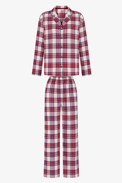 Penti Burgunderrotes Leila-Karo-Pyjama-Set mit langen Ärmeln und Hose