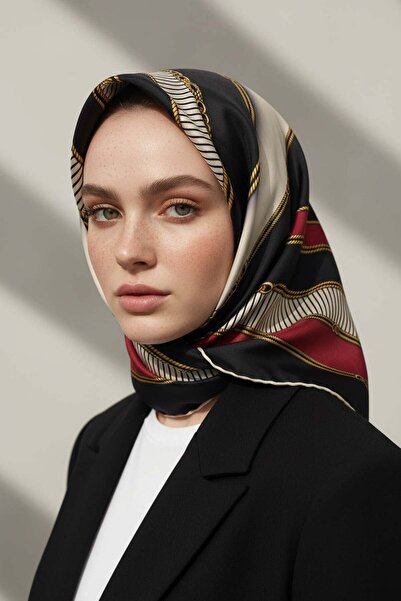 Vissona %100 Twill İpek Zincir Detaylı Geometrik Desenli Bordo - Siyah Renkli...