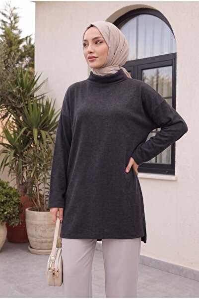 Modamorfo Turtleneck Slit Ribbed Knit Tunic -Anthracite