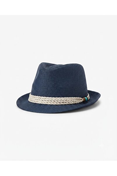Fonem Fo 10003 Premium Blue Straw Fedora Hat - Summer Fedora with Cream Knitt...